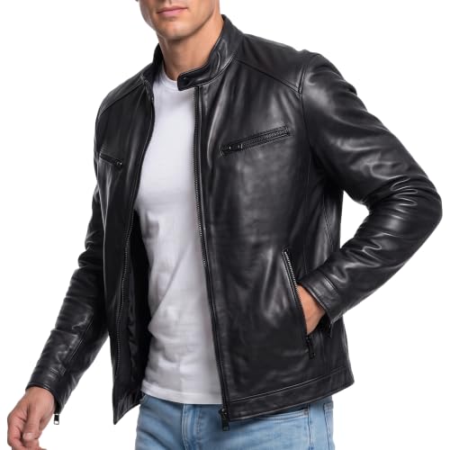 Image of Men Cafe Racer Motorcycle Style Solid Leather Jacket Slim Fit Motorcycle Brown Cafe Racer Leather Jacket