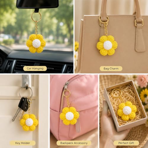 Image of Handmade Crochet Keychain for Women & Girls, Cute Yarn Key Ring, Bag Charm, Car Key Holder & Gift, Aesthetic Handmade Floral Accessory