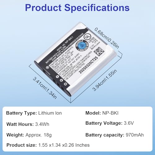 Image of NP-BK1 970mAh Replacement Battery Compatible for Sony Cybershot DSC-W370 DSC-S750 DSC-S780 DSC-S950 DSC-S980 DSC-W190 MHS-CM1 HD MHS-PM1 MHS-PM5 MHS-CM5 Cameras (100% Compatible with Original)