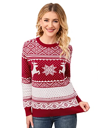 Image of MISSKY Family Christmas Sweater Crew Neck Reindeer Snowflakes Knitted Pullover for Women /Men /Kids