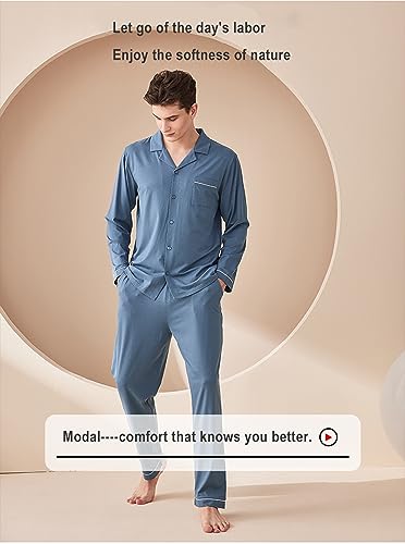 Modal Pajamas for Men Sleeve Long Leg Woven Pajama Set Button Down Sleepwear,Mens Classic Lattice PJs Sets2