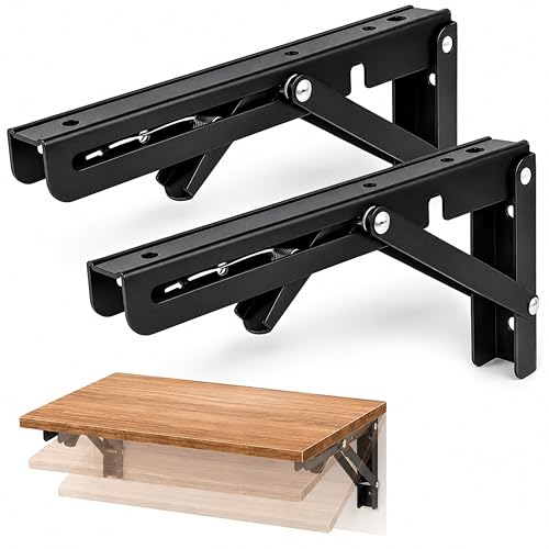 Image of Foldable Shelf Bracket 16 Inch Heavy Duty, Folding Table Bracket Wall Mounted Support for Fold Down Table, Workbench, Kitchen Counter, Study Desk & Space Saving Shelf, Black Metal Bracket Pack of 2