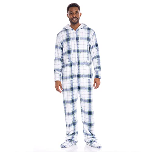 Alexander Del Rossa Men's Warm Fleece One Piece Non-Footed or Footed Pajamas, Adult Onesie with Hood and Two Large Front Pockets, Blue on White Plaid Footed, Large