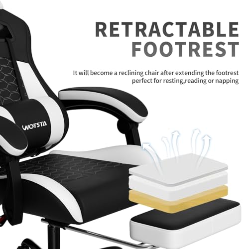 Image of Gaming Chair with Massage,Ergonomic PC Gaming Chair with Footrest Comfortable Headrest and Lumbar Support,High Back PVC Leather,300LBS (Black White)
