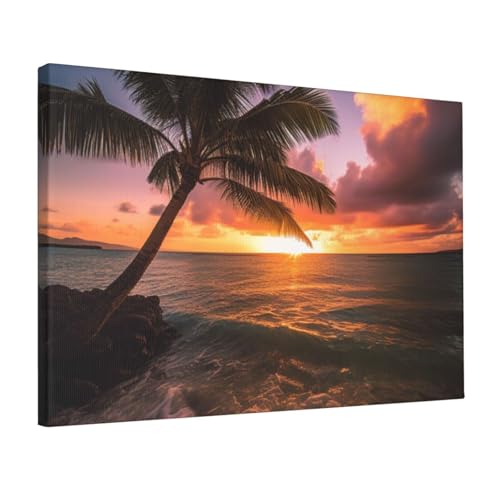 Déco murale palmier et coucher de soleil - Toile encadrée élégante au design moderne 45 cm