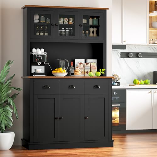 Image of MU 71 inch Kitchen Pantry Cabinet with Charging Station, Tall Pantry Hutch with Drawers, Countertop & Microwave Shelf, Food Storage Cabinet for Dining Room & Coffee Bar, Black