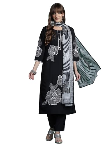 Image of INDO ERA Women's Straight Linen Floral Embroidered Kurta & Pant With Dupatta Set (IESTR10640)