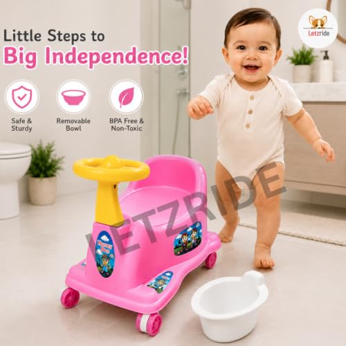 Image of Baby Potty Training Seat with Wheels & Steering | Ride On Potty Chair for Toddlers | Removable Bowl, BPA Free, Non-Toxic, Portable Toilet Trainer for Boys & Girls 6 Months to 3 Years | Pink
