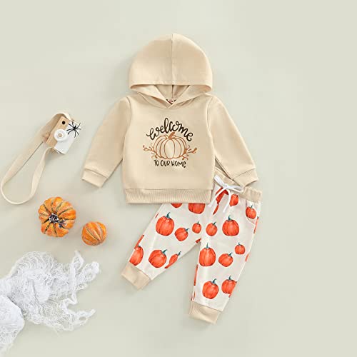 2Pcs Halloween Baby Girls Outfit, Toddlers Long Sleeve Letter Hooded Hoodie Tops + Pumpkin Printing Long Pants Set (Apricot, 6-12 Months) #TOP2