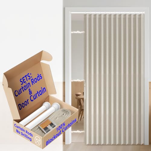 Image of AJAZZ 100% Blackout Door Curtain Accordion Door Closet Curtain Invisible Applicable Bedroom Room Living Room Doorway (1 Pack, 54 W x 78 L, Cream White+Rod)