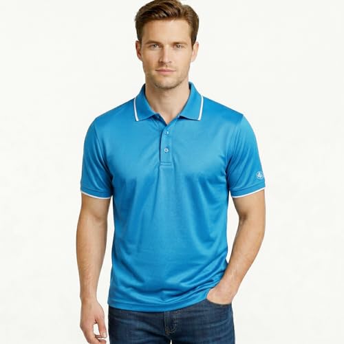Island GREEN Men's Golf Polo Shirt with 2 Way Stretch Breathable Fabric Moisture Wicking Quick-Dry Short Sleeve Sports T-Shirt for Men Adults Outdoor Running Gym and Work (Sky Azure, Large)