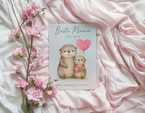 WBdesignz Süße Geburtstagskarte „Beste Mama der Welt“ mit Umschlag - mit Otter-Mama & Baby, rosa Herzballon & Kaffeebecher - Herzliche Glückwunschkarte für Mutter zum Geburtstag (DIN A6)