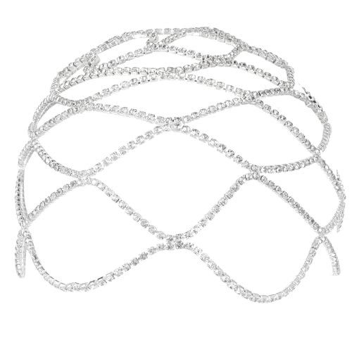 Kopf Kette Strass Netz Kopfkette Silber Braut Hochzeit Netz Haarreifen Damen Boho Strass Haarkette Kopfschmuck für Frauen Einfacher Braut Stirnschmuck für Damen Hochzeit Abendessen Party