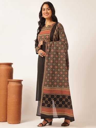 Image of Vbuyz Women Ajrakh With Yoke design Cotton Straight Kurta Set With Dupatta