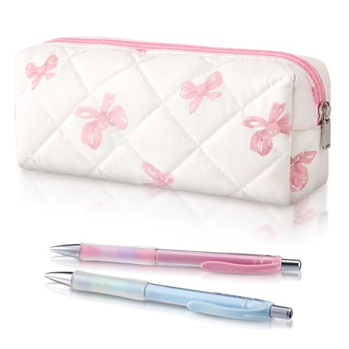 Image of Sherr Coquette Bow Pencil Case Pink Bow Cute Pencil Pouch Soft Cotton Storage Bag Aesthetic Pattern Gift Makeup Pouch Cosmetic Travel Bag for Women