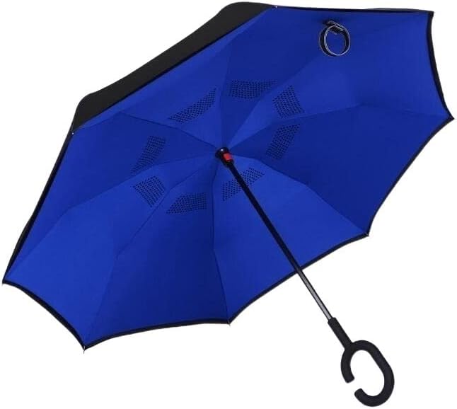 Windproof Umbrella Strong Umbrellas Double Layer Inverted Umbrella Flower Windproof Reverse Umbrella with C-shaped Handle Waterproof Stick Umbrella Umbrellas for Rain (Color : Blue)