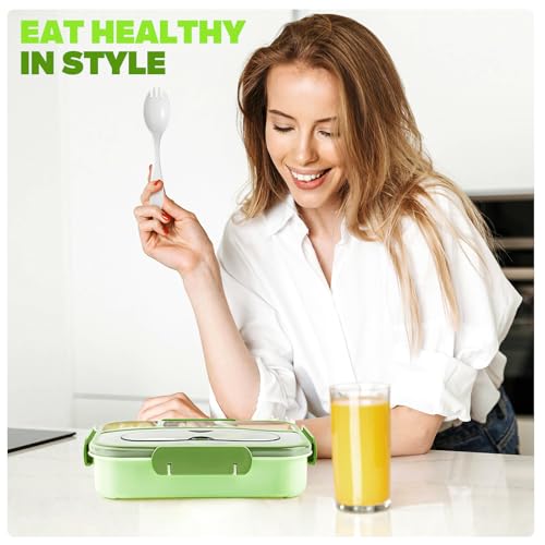 Image of EASYFUN Bento Box Adult, Lunch Box, 4-Compartment Lunch Containers, Drop-Proof, Dishwasher Safe & Made with BPA-Free Materials (Green)