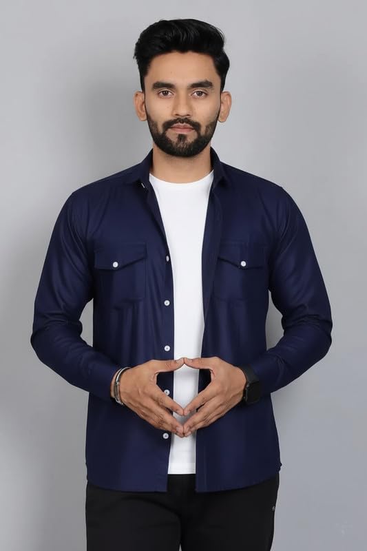 Image of DEELMO Men Solid Slim Fit Casual Overshirt Style Shirt | Full Sleeve Button-Down Layering Shirt Smart Casual Look