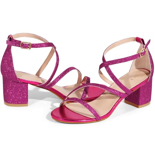 Image of Allegra K Women Glitter PU Crisscross Strap Open Toe Chunky Heels Sandals