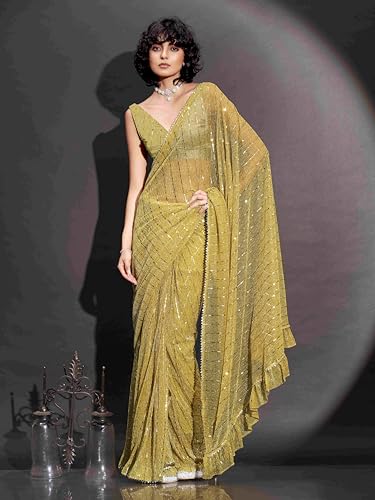 Womanista Women's Women Ready To Wear Saree Ll Women Lycra Saree Ll Women Pre Draped Saree Ll Women One Minute Saree Ll Un-Stitched Blouse Saree, Mustard