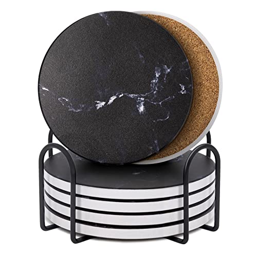 Posavasos con Soporte (Set de 6),Qveetry Posavasos, Base Corcho para Mesa de Madera, Posavasos de ágata de cerámica Decorativos para café, Cocina, uno Drink, Taza, Vino, Tazas(Negro)