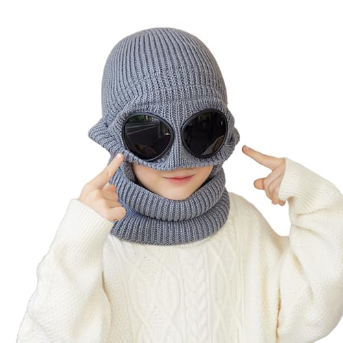 Kids Goggle Beanie Hat Scarf Set Earflap Fleece Lined Knitted Beanie Snow Ski Cap Neck Warmer for 4-10 Year