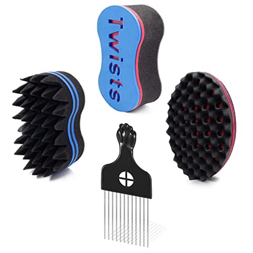 Curl Sponge Set,Hair Sponge for Black Men Women Curls,Hair Twist Brush Sponge for Men Hair,Hair Curling Sponge for Dreads Locking Afro Coil(HEOCORRY 3 Varied Sponges and 1 Metal Hair Pick)