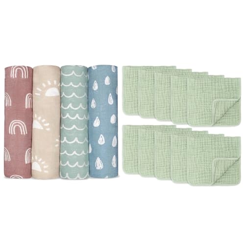 Image of Comfy Cubs Muslin Swaddle Blankets and Muslin Burp Cloths Large 100% Cotton Bundled