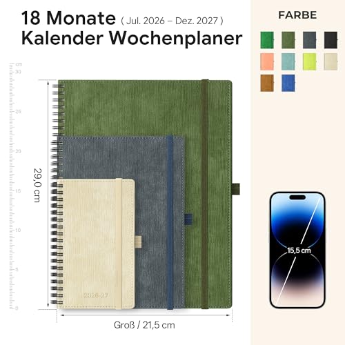 IN-LUXPRO Kalender 2026 2027 Wochenplaner Ringbuch A4 | 18-Monate Terminplaner Juli 26-Dez 27 | Buchkalender Ringbuch mit Stifthalter & Monats-Register | Vertikal Planer 1 Woche 2 Seiten - Himmelblau