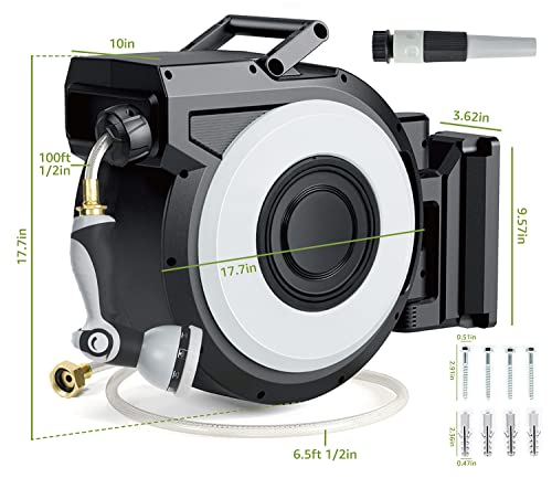 Tuyeho Retractable Garden Hose Reel 100Ft, Wall Mount Heavy Duty Water Hose Reels With Automatic Slow Rewind System, Outdoor Hoses Reel With 2 Hose Nozzles For Garden Watering, Car Wash, Pet Shower #TOP5