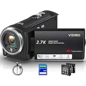 Camcorder Video Camera QHD 2.7K 56MP 16X Digital Zoom Vlogging Camera with LED Fill Light for YouTube, 2.8 Inch 270 Degree Rotation LCD Screen Camcorder with 32GB SD Card and Two Batteries