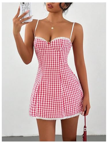 MakeMeChic Women's Plaid Gingham Lace Cami Dress Sleeveless Going Out Mini Dresses Sundress4