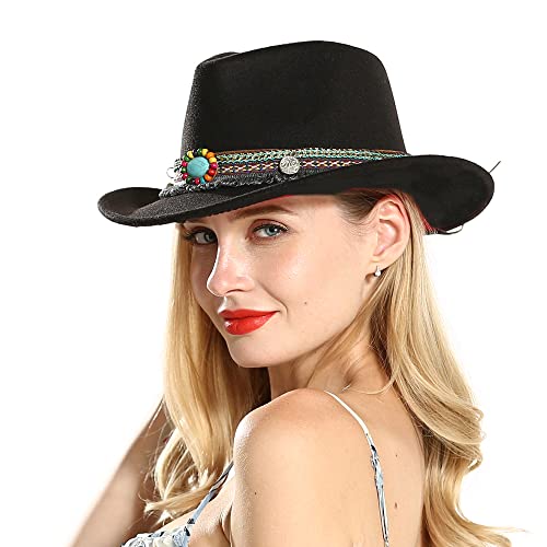 Felt Cowboy Hat Men Wide Brim Fedora Hat Cowgirl Winter Trilby Hat With Ethnic Band Women Sombrero Outdoor Warm Panama Hat Black #TOP8