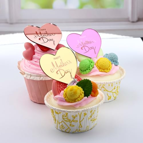 24 Pieces Happy Mother's Day Heart Cupcake Toppers, Gold Mirror Pink Deep Pink Acrylic, 1.96 x 1.77 Inch, Cake Decoration by AiQi Bakes - Used condition - Image 7