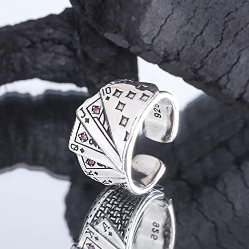 Edary Vintage Poker Card Ring Silver Crystal Chunky Flush Band Ring Punk Open Adjustable Ring Jewelry for Women and Men