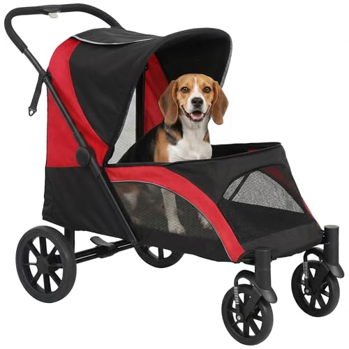 PawHut Passeggino per Cani Taglia Media Pieghevole con Ruote Rimovibili, Cuscino e Guinzagli di Sicurezza, Passeggino per Animali in Tessuto Oxford e Acciaio con Borsa Portaoggetti, Nero