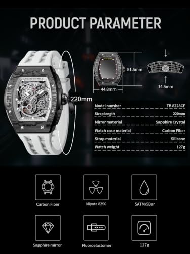 Image of TSAR BOMBA Men's Automatic Watch Tonneau Luxury Skeleton Watches for Men Mechanical 50M Waterproof Analogue Watches Mens Unique Cool Square Big Face Dial Wristwatch with Silicone Strap Band