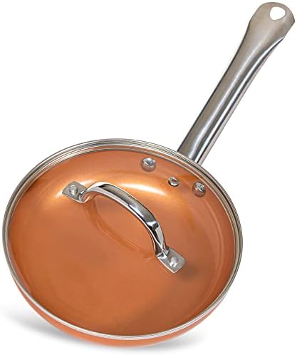 FOOD BOUTIQUE Copper Nonstick Ceramic Frying Pan with lid – 8-inch Egg Cooking Pan with tamper glass lid