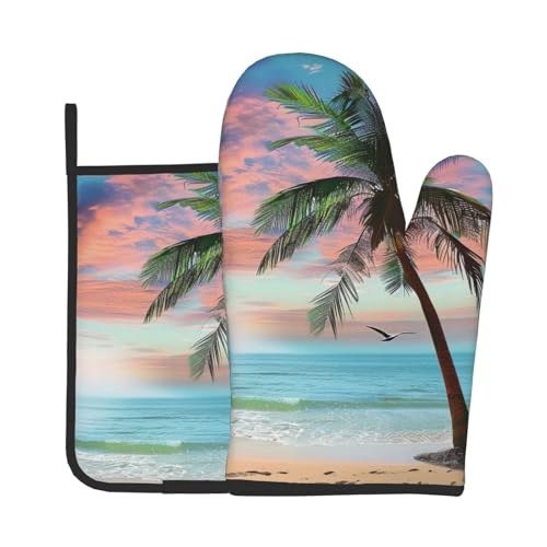 Lot de 2 maniques et maniques imprimées avec motif cocotier, palmier, plage de sable – Résistants à la chaleur et imperméables pour barbecue