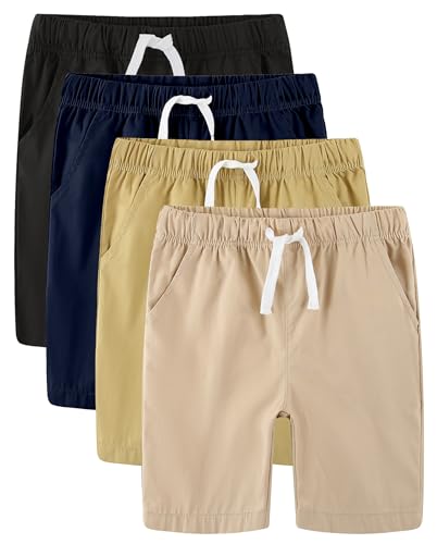 Avsead Boys Shorts Khaki Cotton Shorts for Boys Kids 4 Pack Pull on School Summer Clothes Outfits with Pockets Size 8 Khaki/Black/Navy/Light Gray