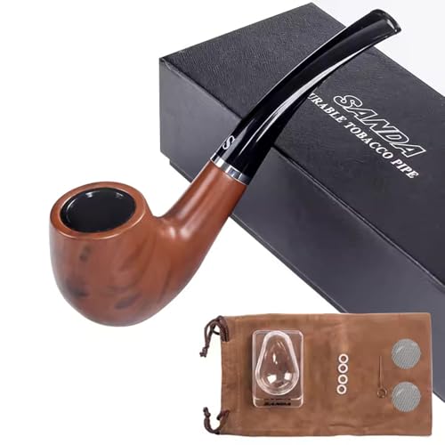 Image of Sanda Classic Tobacco Smoking Pipe, Resin Brown Wood Design with Black Stem, Traditional Curved Bowl Shape Cigar Pipe, Perfect Beginner Pipe, Gift Set