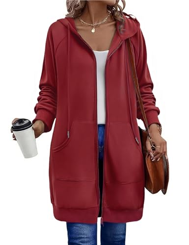 Zeagoo Women's Zip Up Hoodies Long Tunic Sweatshirts Long Sleeve Oversized Fleece Casual 2025 Fall Jacket Coat with Pocket Red M
