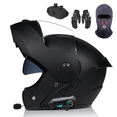 Bluetooth Modular Motorcycle Helmet DOT/ECE Approved Full Face Flip Up Anti-Fog Double Sun Visor Helmet for Adults E,L (59-60cm)
