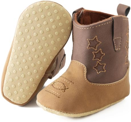 Jastore Infant Toddler Western Boots Star Cowgirl Cowboy Boots Soft Rubber Sole Booties for Baby Girls Boys(Brown,3-6 Months