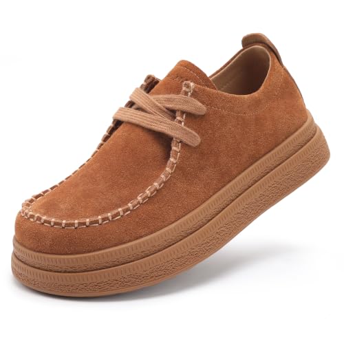 BCALLX Women’s Suede Leather Oxford Shoes Non-Slip Casual Work Shoes Lace Up Loafers (BCA015Camel42)
