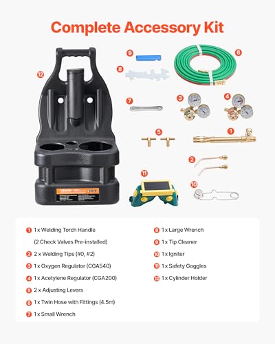Image of VEVOR Oxygen Acetylene Torch Kit with Check Valves and 15 ft Twin Hose | for Gas Welding, Brazing and Metalworking, with 2 Welding Tips, 2 Regulators and Cylinder Holder for Portable Workshop Use