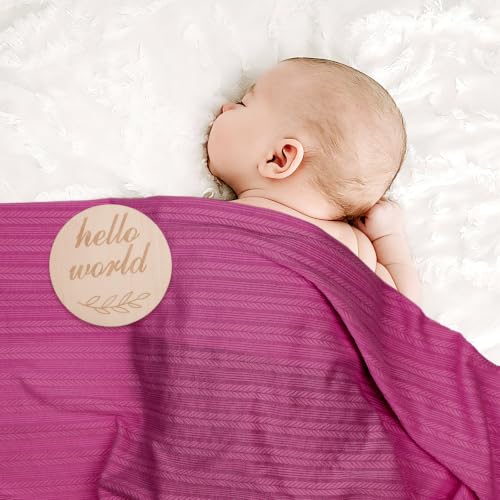 Image of BQUBO Baby Swaddle Blankets for Girls, 4PCS Newborn Accessories Set with Hat and Bow Headband with Hello World Wooden Birth Announcement Card, Baby Blankets for Girls (Pink)