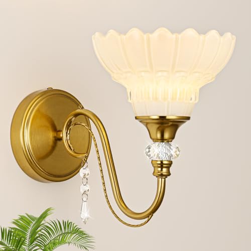 Image of 1 Piece Vintage Wall Sconce, 1-Light Brushed Gold Finish Wall Sconce with Hanging Crystal Accents and Flower-Shaped White Shades for Bathroom Bedroom Living Room,Vintage Vanity Light