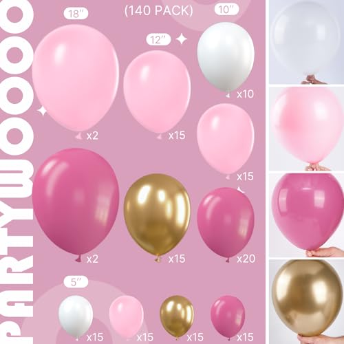 Image of PartyWoo Pink and Gold Balloons, 140 pcs Pastel Pink and Chrome Gold Balloons Different Sizes Pack of 18 Inch 12 Inch 10 Inch 5 Inch for Balloon Garland Arch as Birthday Decorations, Party Decorations