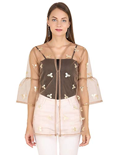Image of UNFAKENOW Women Floral Embroidered Pearl Embellished Net Shrug